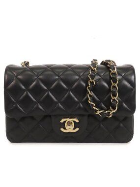 Chanel Classic Black Gold Lambskin Quilted Mini Chain Shoulder Bag
